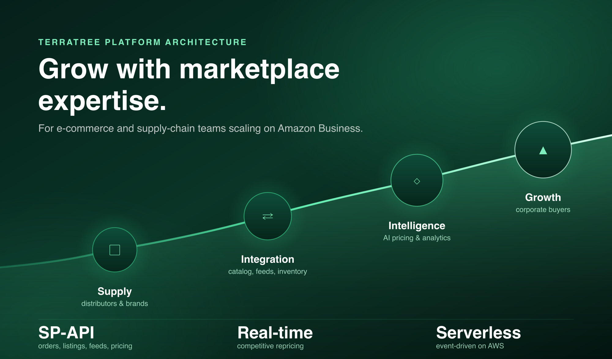 Terratree platform architecture: supply from distributors and brands flows through catalog, feed and inventory integration into AI pricing and analytics, driving growth with Amazon Business corporate buyers